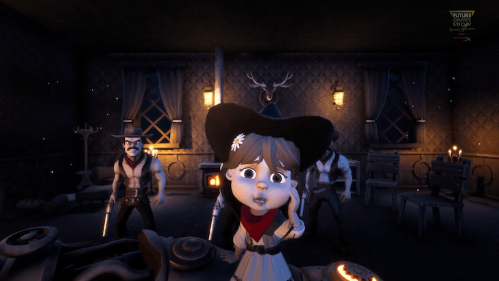 Cowgirl confronting outlaws