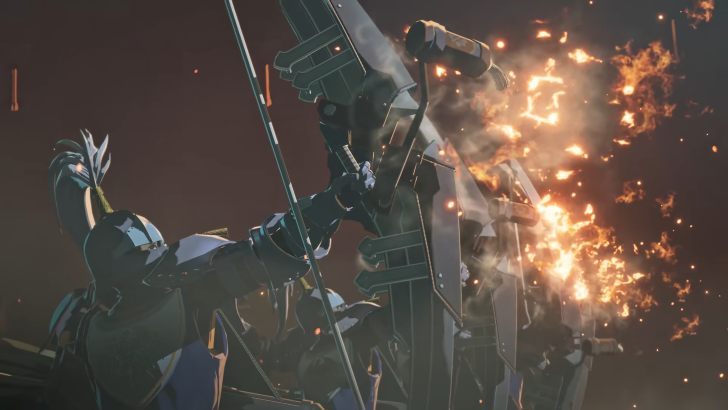 Monster Hunter Stories 3 Twisted Reflection Hunter in medieval armor holding a giant bow up