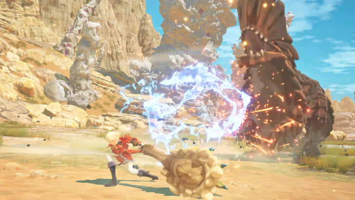 Monster Hunter Stories 3 Twisted Reflection Eleanor hitting a Barrioth with a hammer