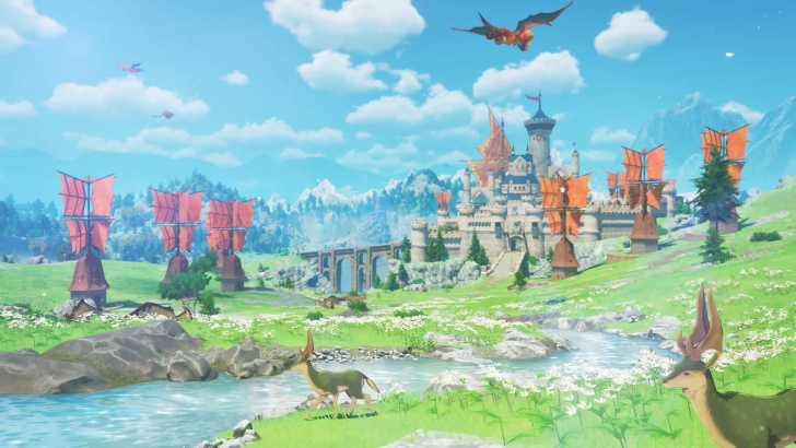 Monster Hunter Stories 3 Twisted Reflection a view of the kingdom of Azuria, Kelbi are grazing in the grass and a Rathalos is flying across the sky