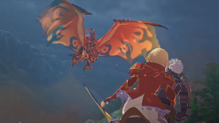 Monster Hunter Stories 3 Twisted Reflection Clarissa riding a Rathalos, Eleanor and Gaul looking at her from the ground