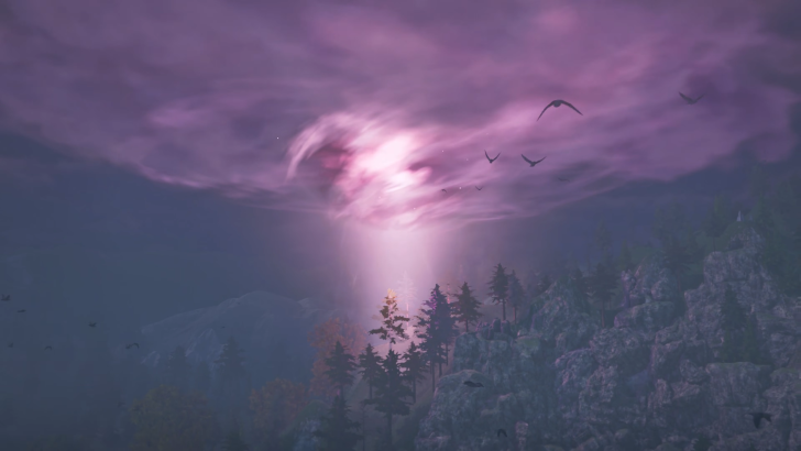 Monster Hunter Stories 3 Twisted Reflection, a bright pink light emanates from purple clouds hovering above a forest