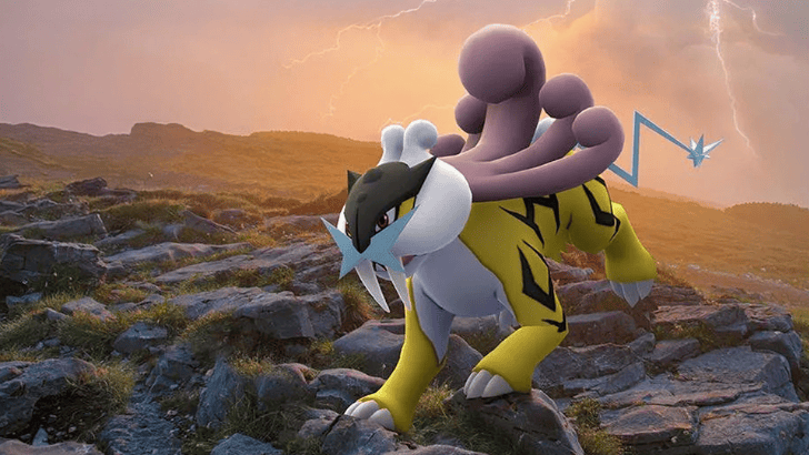 Pokemon GO Raikou on a rocky terrain