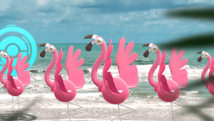 Pokemon GO five Flamigo dancing on a beach