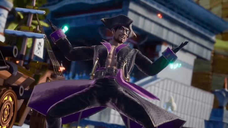 Goro Majima in pirate outfit posing beside his themed vehicle