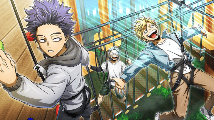MHA Hitoshi Shinso, Neito Monoma, and Tetsutetsu in a forest obstacle course