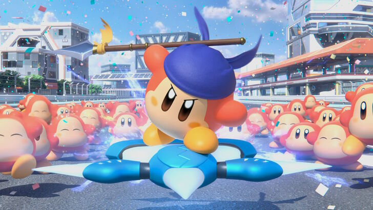 Bandana Waddle Dee from Kirby Air Riders stands on his Air-Ride Machine while holding a spear behind his back. Behind him is a crowd of Waddle Dees, as confetti fall from the sky