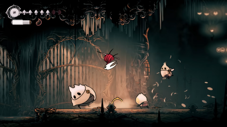 Hollow Knight: Silksong Hornet fighting three enemies in a cavern