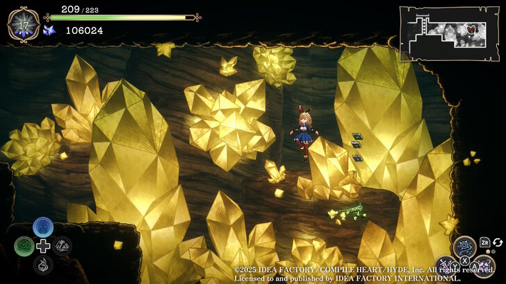 A gameplay screenshot of Ariana and the Elder Codex. Ariana is seen exploring a subterranean cavern filed with yellow crystal formations that illuminate the rocky background