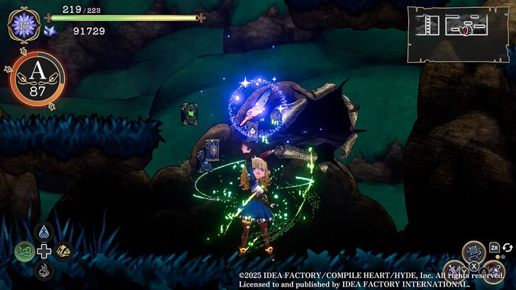 Ariana raises a glowing quill toward a tear. She surrounds herself with magical energy as she prepares to repair the breach.