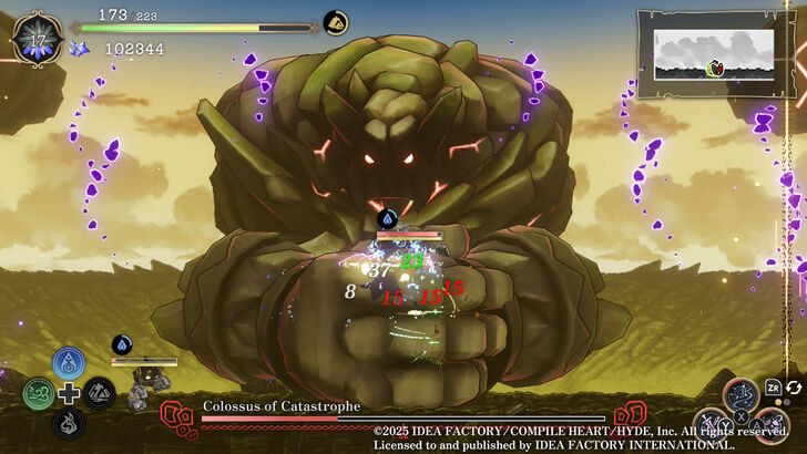 Ariana takes on the "Colossus of Catastrophe," a giant stone golem boss, using elemental skills. The screen is filled with the boss’s massive hands and glowing debris as combat numbers fly.