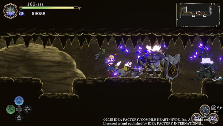 Ariana is seen facing off against a large shielded knight and a hooded sorcerer within a cavern with spikes on the ceiling.
