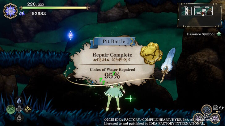 Ariana after Repairing a tear inside the Water Codex. A parchment overlay announces "Repair Complete" for the Codex of Water with a 95% completion rate and an A rank