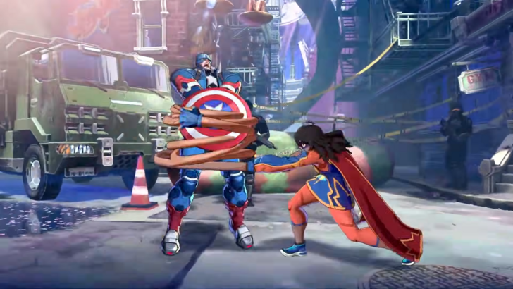 Ms. Marvel holding Captain America in a grapple