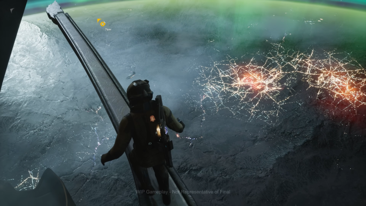 Exodus Jun walking through a platform, a planet is seen below him