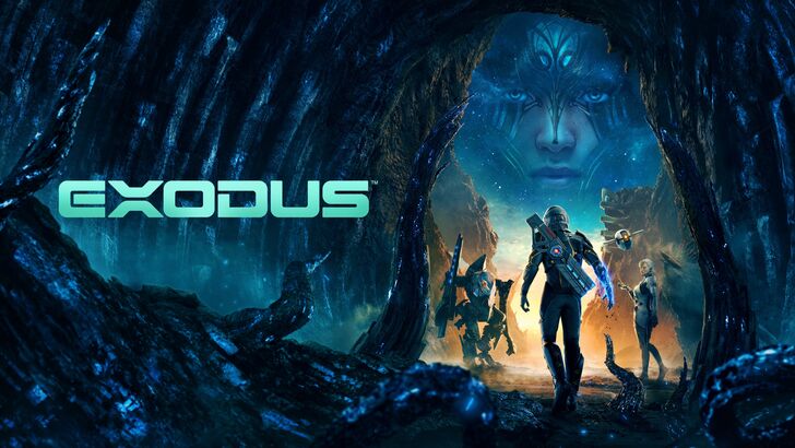 Exodus logo, Jun and crew exit a cave with a Celestial