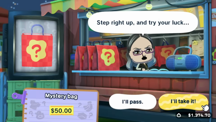 Tomodachi Life: Living the Dream marketplace showing a Mystery Bag on sale for $50.00