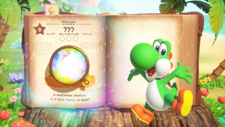 Yoshi and the Mysterious Book green dinosaur posing before he enters the world within the pages
