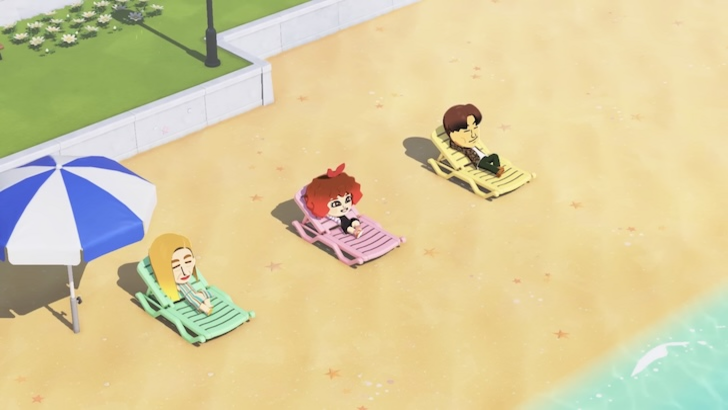 Miis relaxing on lounge chairs along the beach