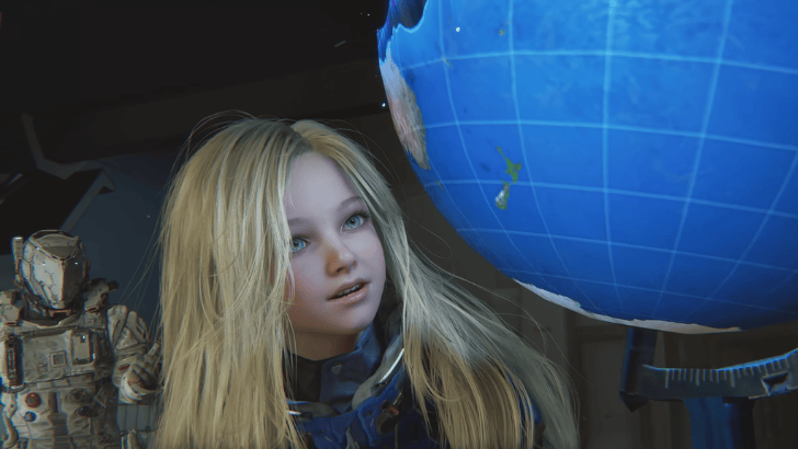 Pragmata Diana looks at a globe