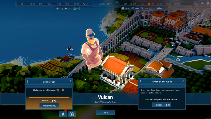 Nova Roma Vulcan, god of Fire and the Forge, towering over a city by the coast, UI interface showing offerings and its effects