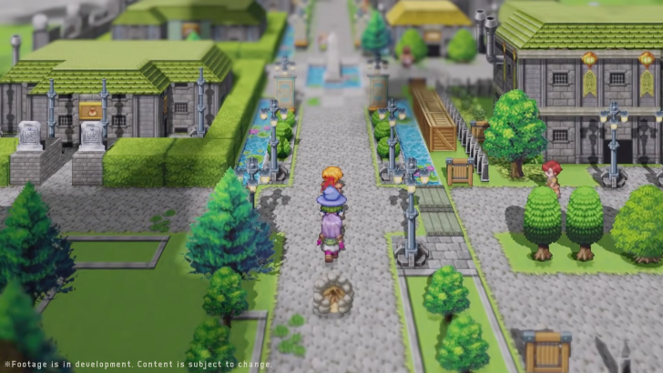 RPG Maker New Project a group of three pixel art characters moving in a 3D town, daytime