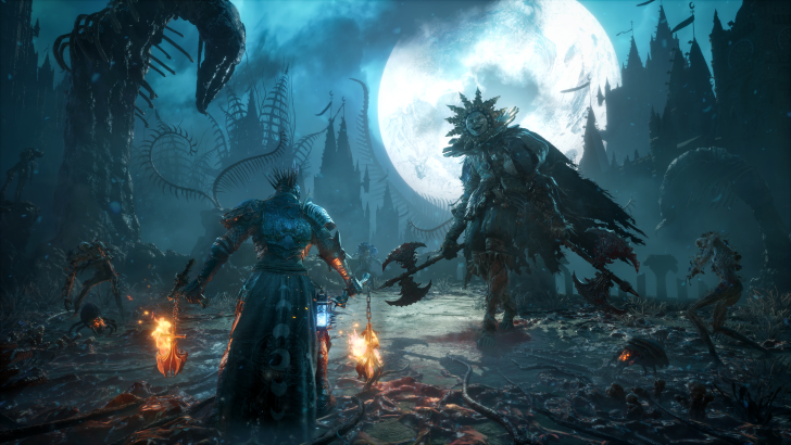 Lords of the Fallen 2 armoured protagonist faced against an axe-wielding enemy