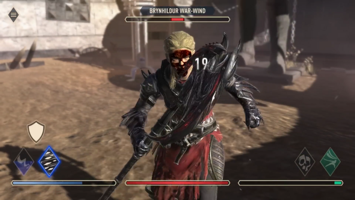 The Elder Scrolls: Blades player fighting a female warrior known as Brynhildur War-Wind in the arena