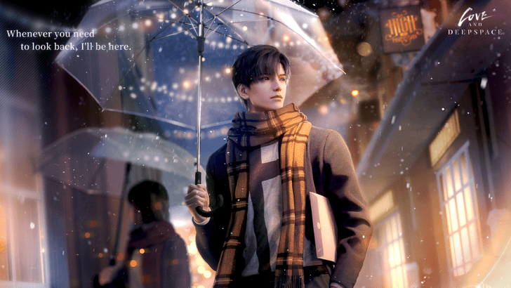 LADS Zayne holding an umbrella as snow falls