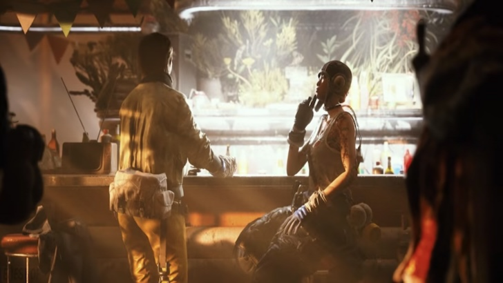 Two characters talk inside a warmly lit bar-like setting