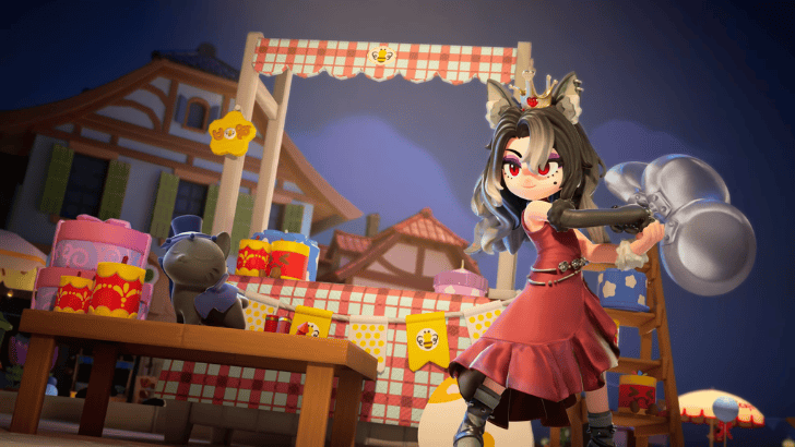 Heartopia Wolnie in front of a food stand and showing off her frying pans