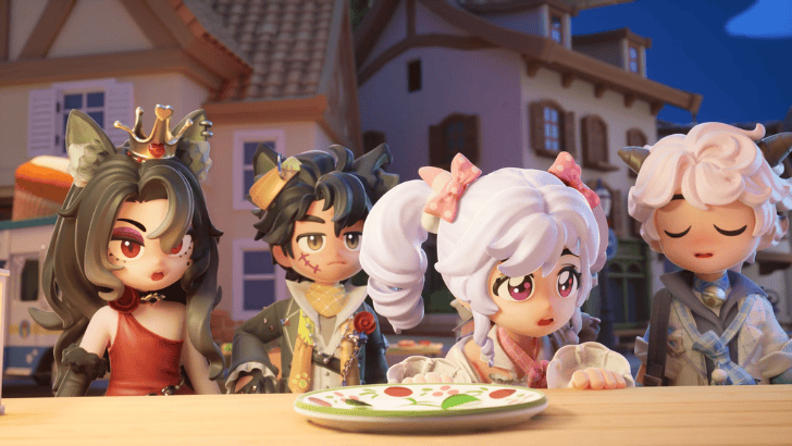 Heartopia Wolnie, Wolffy, Tibbie, and Weslie looking at an empty plate
