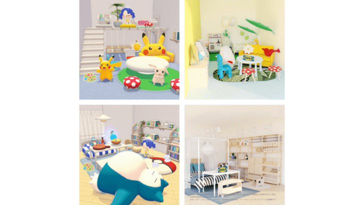 Pikachu and Snorlax-themed rooms in Pokémon Pokopia with their real-world IKEA recreations
