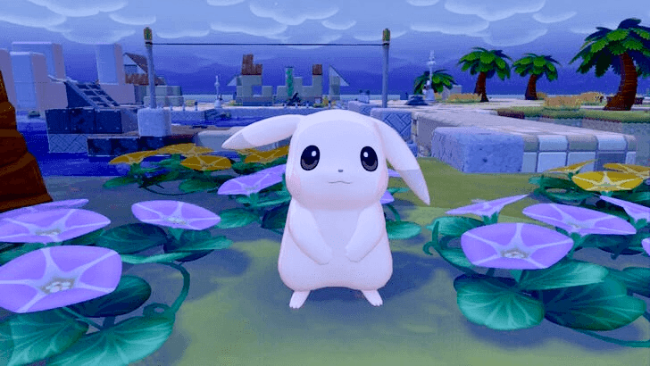 Peakychu standing near flowers in Pokémon Pokopia