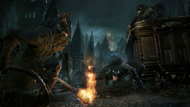 Bloodborne main character versus wolflike creature
