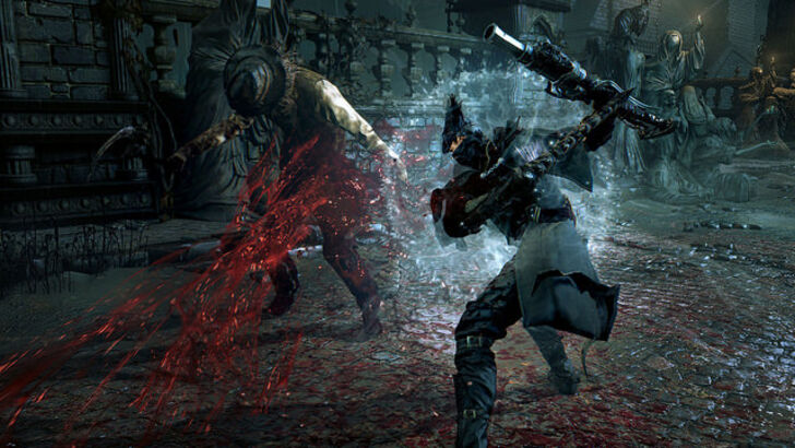 Bloodborne protagonist fighting a humanoid creature