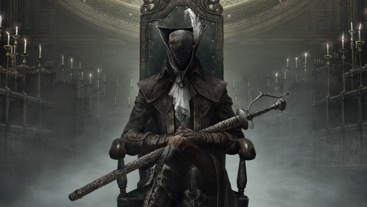 Bloodborne lady maria of the astral clock tower sitting down on a misty room, sword cradled, hat tipped down