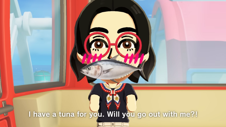 Tomodachi Life: Living the Dream Mii with glasses offering a Tuna for a date