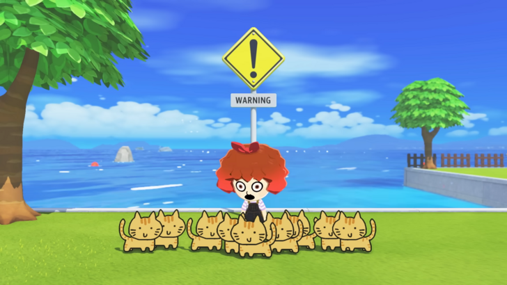 Tomodachi Life: Living the Dream Mii short haired woman standing in front of a sign, hand-drawn cats are flocking her