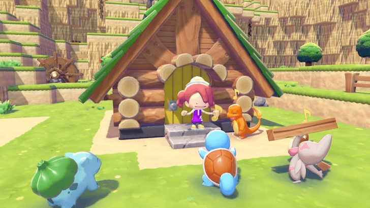 Ditto standing outside a house with Bulbasaur, Charmander, Squirtle, and Timburr