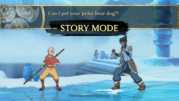 Avatar Legends: The Fighting Game Aang asking Korra if he can pet her Polar Bear Dog