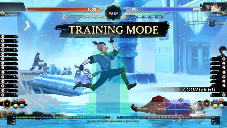 Avatar Legends: The Fighting Game Sokka fighting Zuko in training mode, button inputs and various data on-screen