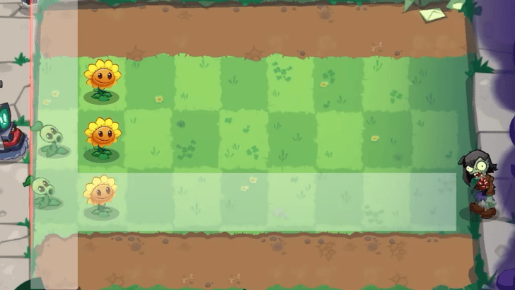 Pvz3 3-lane lawn with Sunflowers, Peashooters, and one Zombie