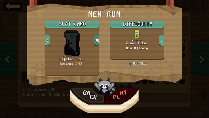 raccoin card and difficulty selection screen