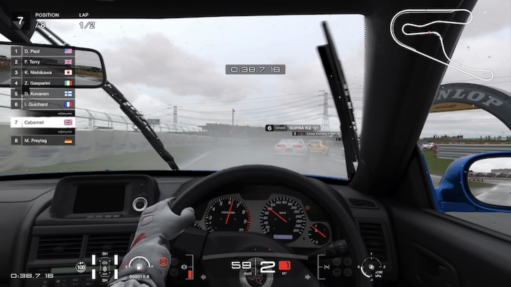 First-person cockpit view during a race