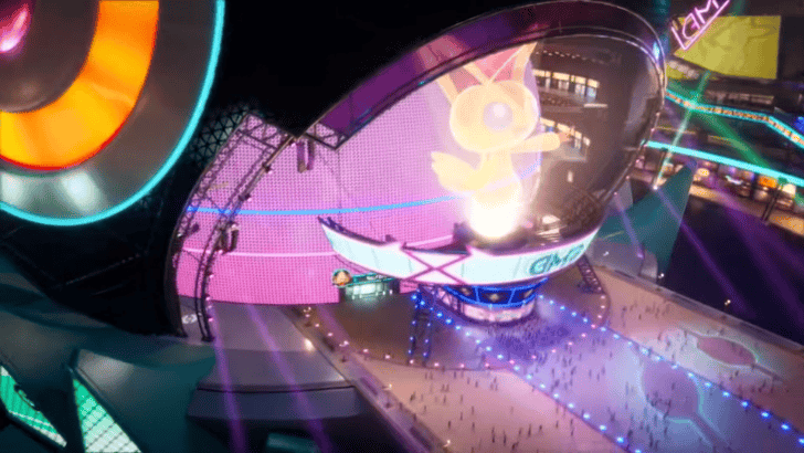 Pokemon Champions Battle Arena entrance with large projected Victini