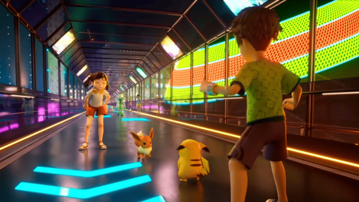 Pokemon Champions two children battling with Eevee and Pikachu