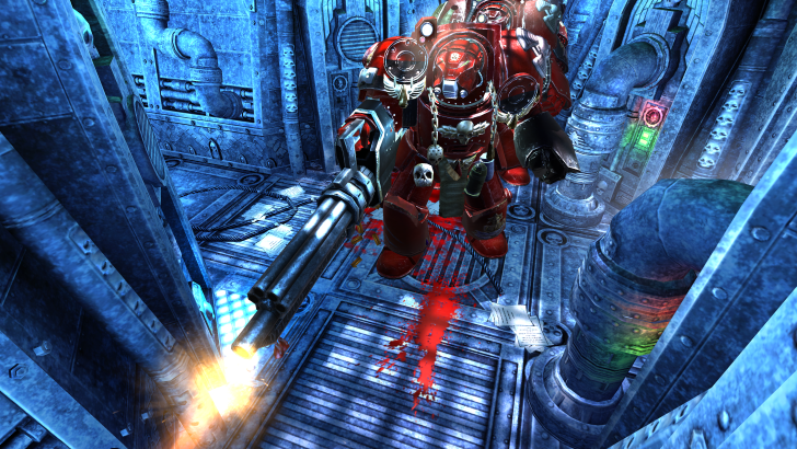 Warhammer Classics Space Hulk marine firing a gun inside a hallway