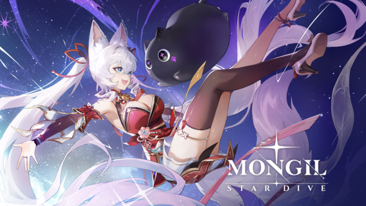 Mongil Star Dive white-haired catgirl in a red outfit smiling at a black stylized marshmallow cat, both are in free-fall poses as they float in space