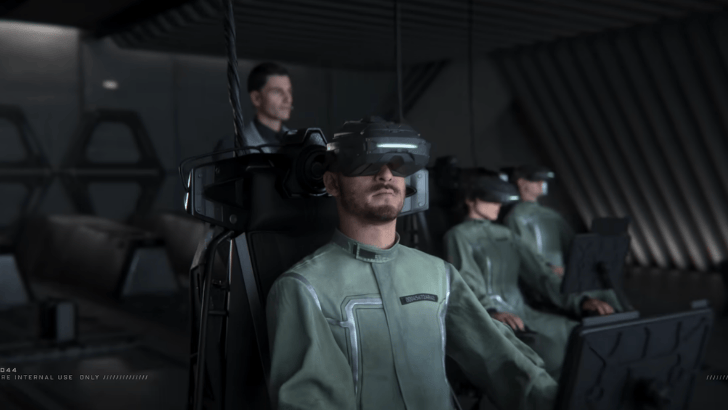 Fragmentary Order player wearing a visor and deployed remotely